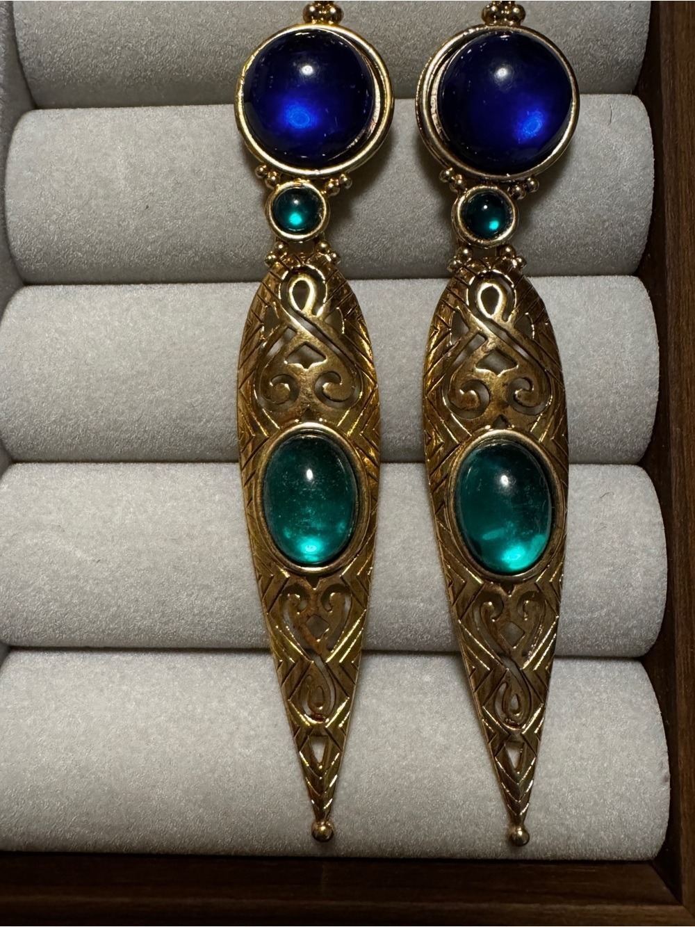 Gold-Tone Drop Earrings with Blue and Teal Cabochons